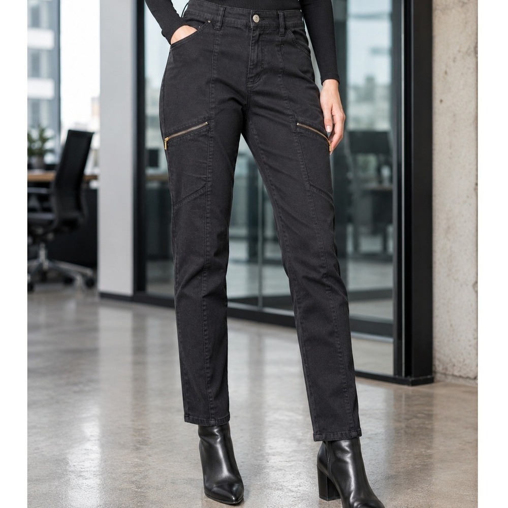 Denim & Co Womens Washed Black Utility Straight Leg Pants Seamed Gold Zip Size 8